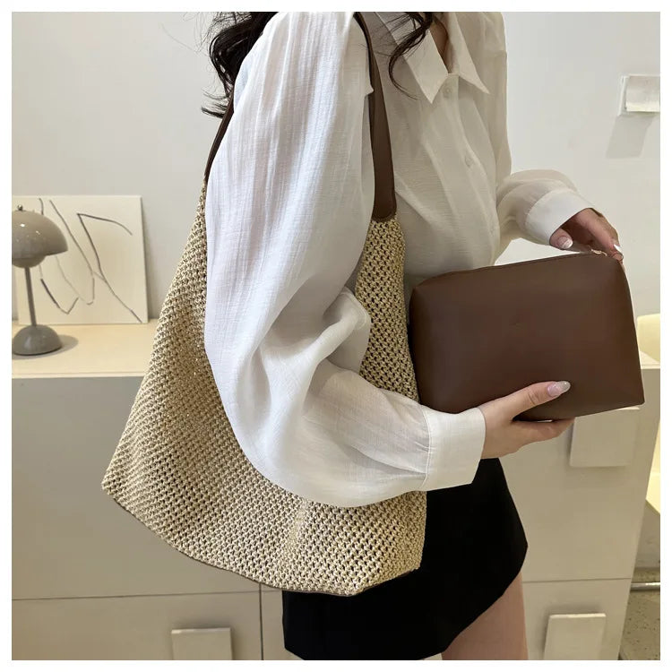 Casual Beach Summer Popular Woven Mother-in-law Bag 2024 Fashionable One-shoulder Seaside Travel Beach Straw Bag Drop Shipping