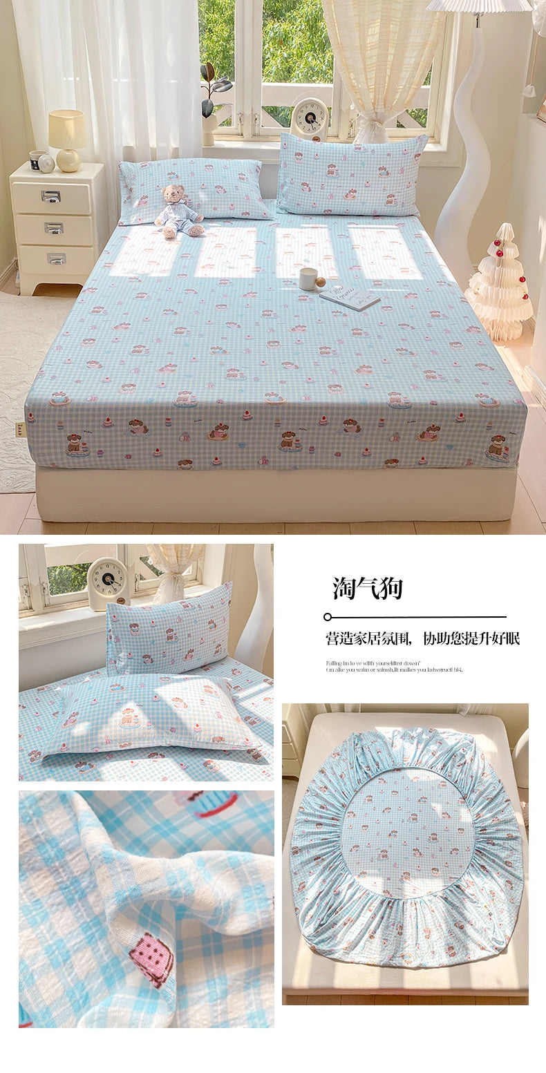 Washed Cotton Fitted Sheet with Elastic Bands Non Slip Adjustable Mattress Cover Printed  Pure Cotton  for Double King Queen