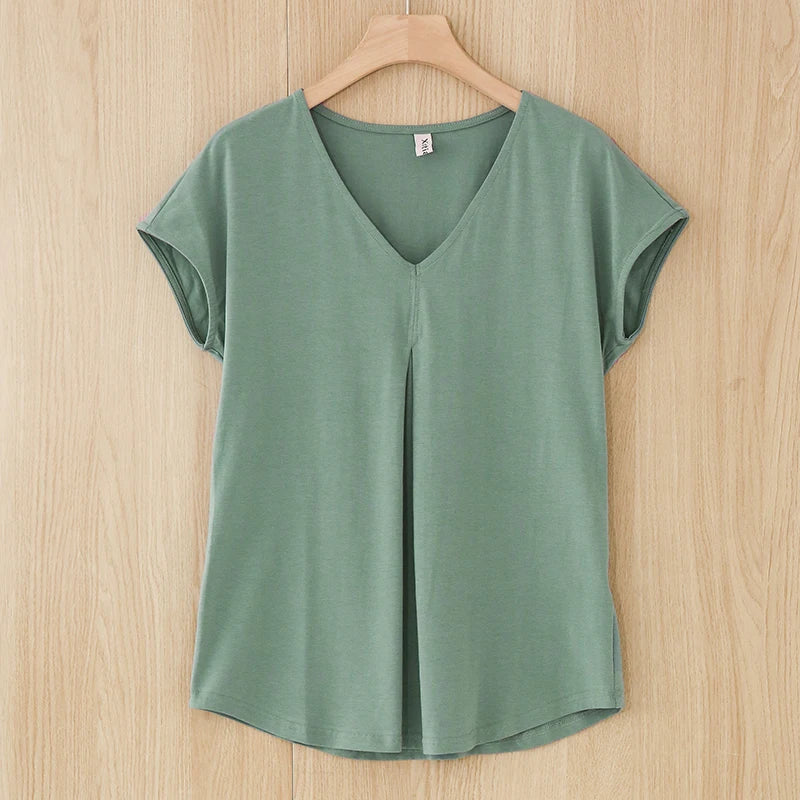Original Fashion Casual Women Cotton T-Shirts Short Sleeve V-neck Summer Loose Big Size Women Tees Top Yellow T-shirt M30395