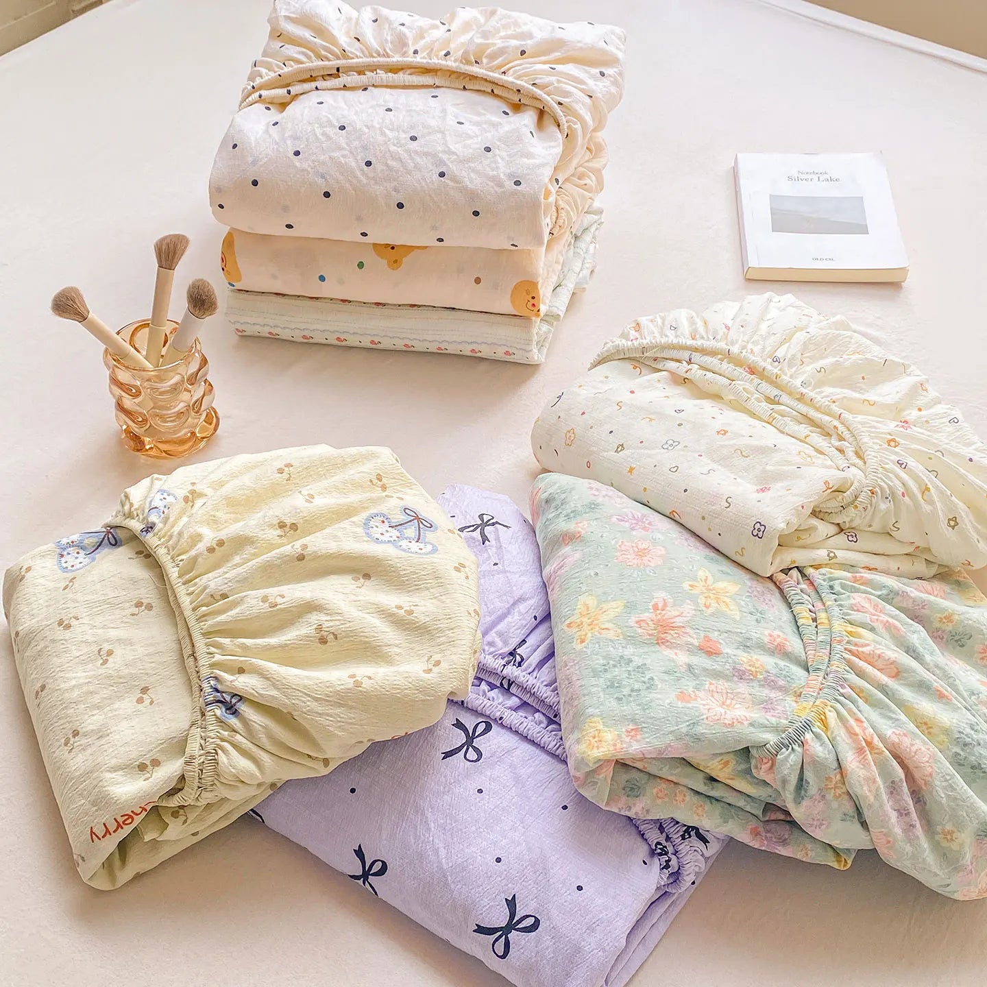 Washed Cotton Fitted Sheet with Elastic Bands Non Slip Adjustable Mattress Cover Printed  Pure Cotton  for Double King Queen
