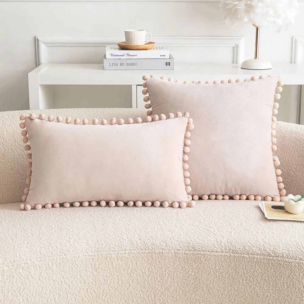 Velvet Throw Pillow Cover with Cute Pompom 30x50cm 45x45cm 50x50cm European Luxury Cushion Case for Christmas Gift Pillow Cover