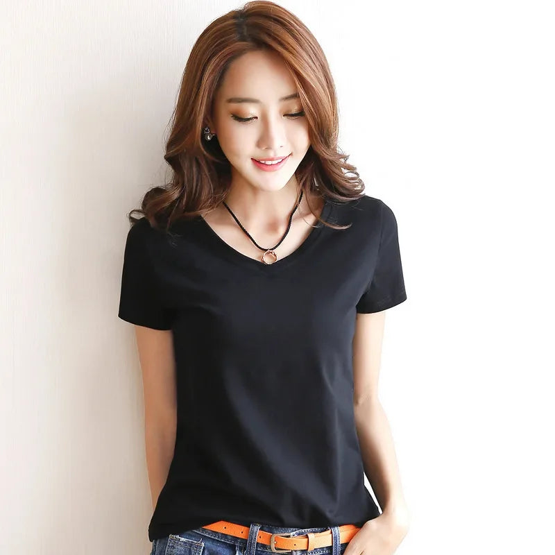 Spring Summer Women Cotton T-shirt Black V-Neck Short Sleeve Female Tee Slim White T-Shirt Casual Solid Lady Tshirt Tops