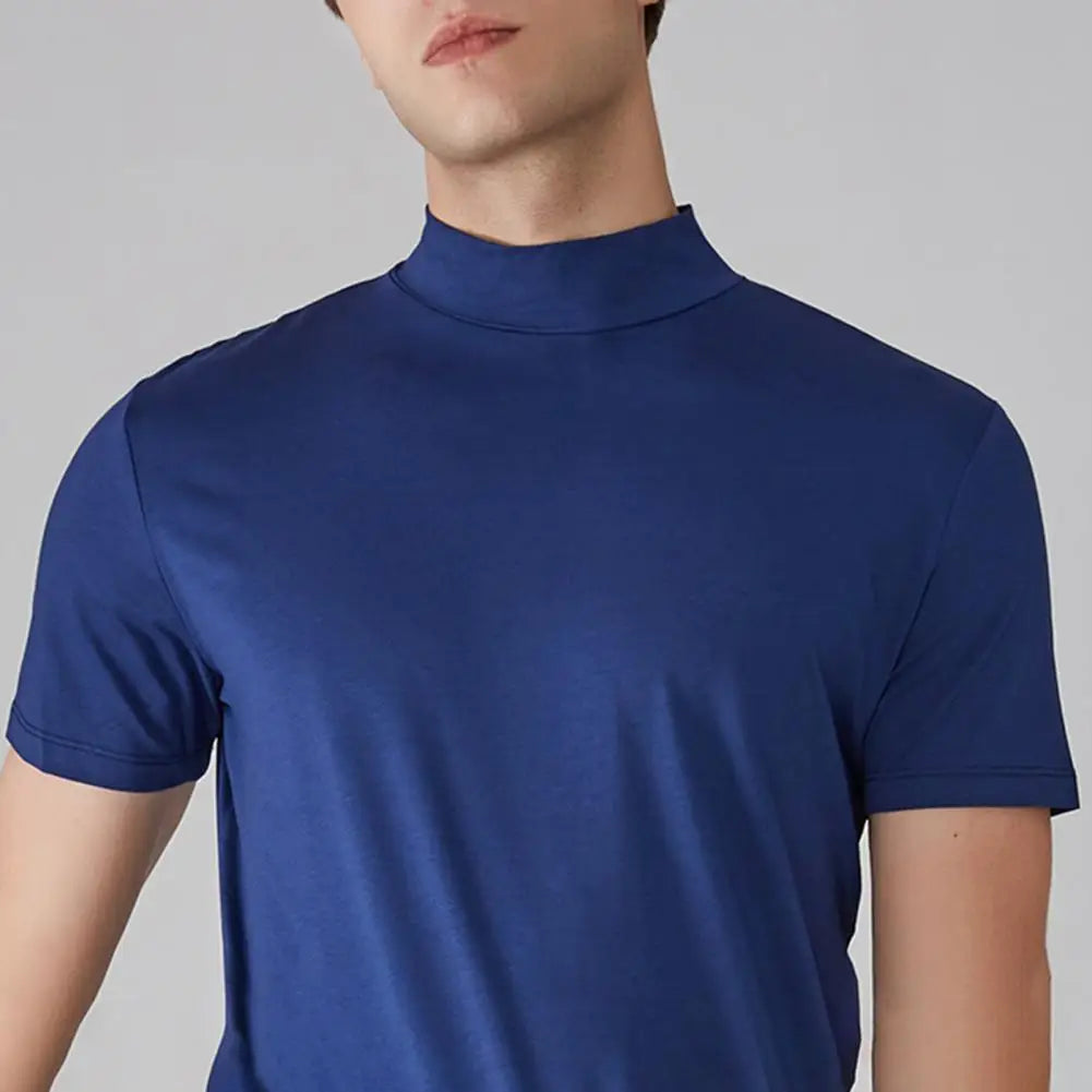 Men Half High Collar Slim Fit T-shirt Summer Casual Short Sleeve Solid Color Elastic Thin Pullover Tee Shirt Half Turtleneck Top