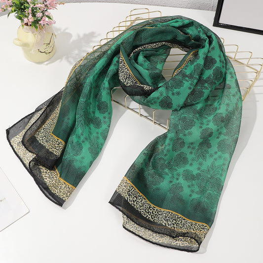 Full-patterned Flower Leopard-print Border Chiffon Soft 150-thread Scarf, Fashionable And Luxurious Style, Suitable For Daily Wear, Business Or Casual Wear In Spring And Summer.